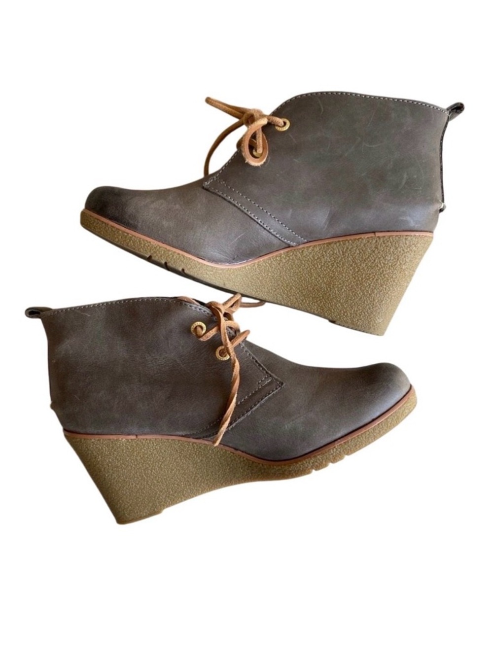 Sperry Topsiders Harlow Wedge Heel Burnished Leather Mushroom Gray Never Worn